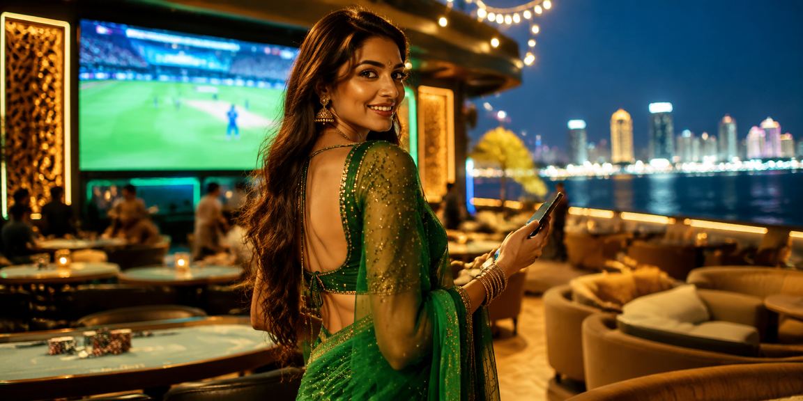 Indian cricket fan enjoying mobile betting in a lively setting